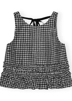 Crinkled Taffeta Check Open Back Frill Top