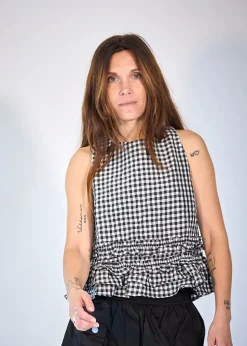 Crinkled Taffeta Check Open Back Frill Top