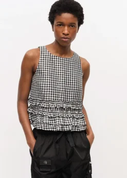 Crinkled Taffeta Check Open Back Frill Top