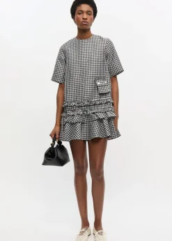 Crinkled Taffeta Check Open Back Mini Dress